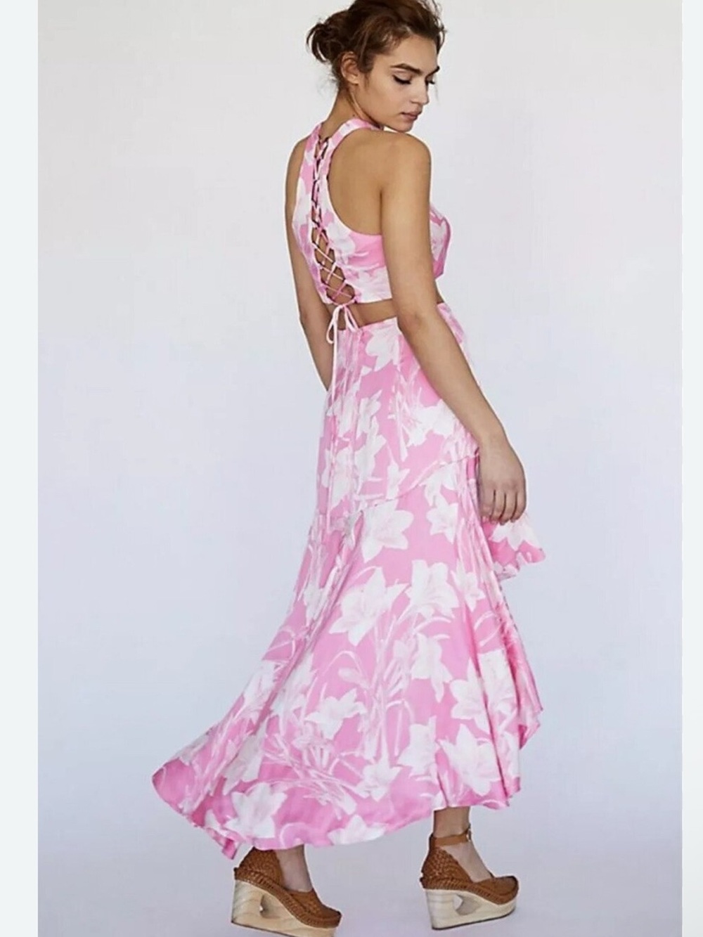 Free people sz 0 Pink Floral Lace-Up Back top and skirt
